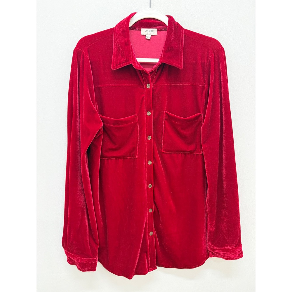 Umgee Velvet Button Down Shirt Large Red Long Sleeve Pocketed Blouse